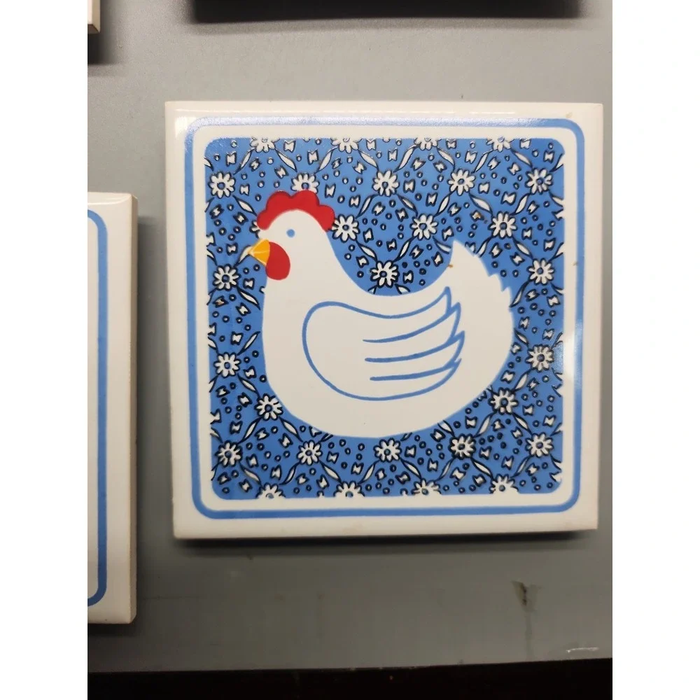 Set Of 4 Farm Cottage Trivet Coasters Tiles Blue White Pig Duck Cow Chicken READ
